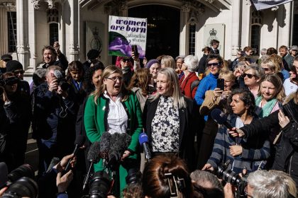 For Women Scotland's Susan Smith and Marion Calder celebrated outside court after their appeal was upheld.