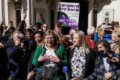 The directors of For Women Scotland, Susan Smith and Marion Calder, speak to the media outside the UK Supreme Court on Wednesday, in London, England.