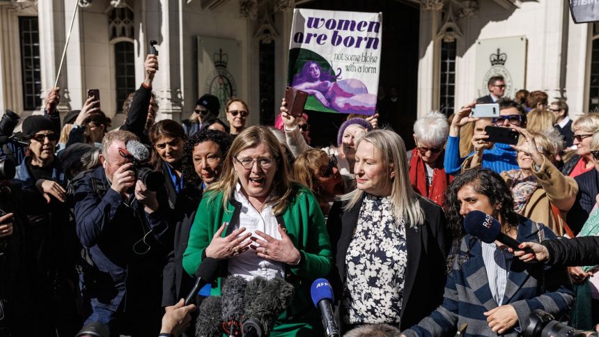 The directors of For Women Scotland, Susan Smith and Marion Calder, speak to the media outside the UK Supreme Court on Wednesday, in London, England.