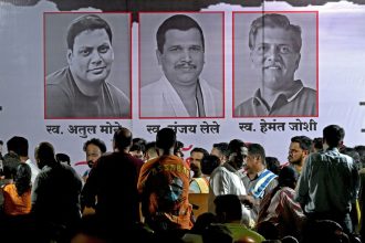 Mourners gather on April 23, 2025 to pay their homage to Atul Mone, Sanjay Lele and Hemant Joshi, who were killed by gunmen in Indian-administered Kashmir