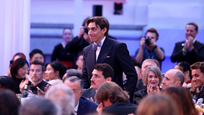 Mondo Duplantis accepts the Laureus World Sportsman of the Year award during the Laureus World Sports Awards 2025 at Galería de Cristal in Madrid, Spain, on April 21, 2025.