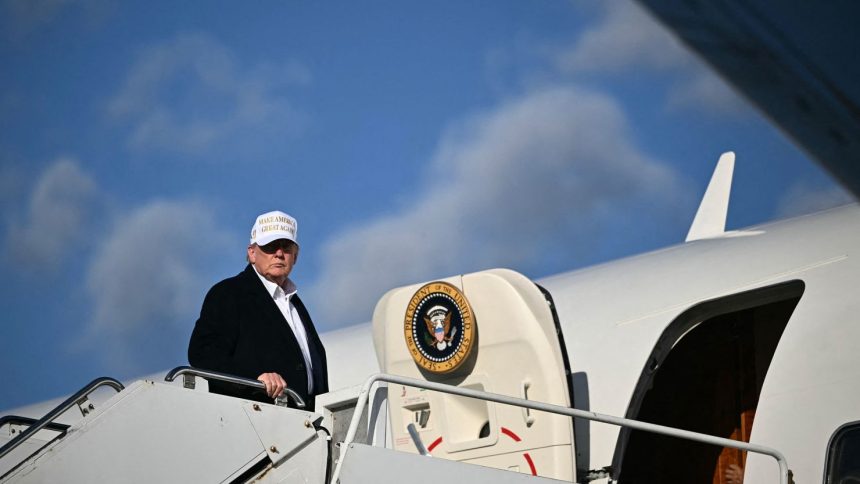 President Donald Trump boards Air Force One in Morristown, New Jersey, on April 27, 2025.