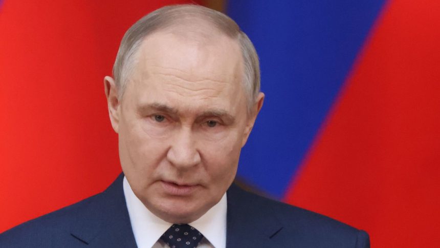 Russian President Vladimir Putin delivers a speech on April 28 in St. Petersburg, Russia.