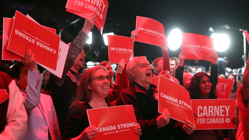 Supporters for Canada's Prime Minister and Liberal Party leader Mark Carney celebrate as results are announced during an election party in Ottawa, Canada April 28, 2025. Prime Minister Mark Carney's Liberals have won Canada's election on April 28, 2025, multiple media outlets projected, giving the party another term in power after a campaign defined by threats from US President Donald Trump. (Photo by Dave Chan / AFP) (Photo by DAVE CHAN/AFP via Getty Images)