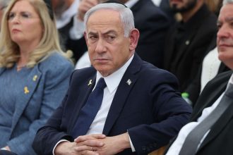 Israeli Prime Minister Benjamin Netanyahu attends the annual ceremony on the eve of Remembrance Day at the Yad LaBanim Memorial in Jerusalem on April 29, 2025.