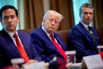 Secretary of State Marco Rubio, President Donald Trump and Secretary of Defense Pete Hegseth attend a Cabinet meeting at the White House on April 30, 2025, in Washington, DC.