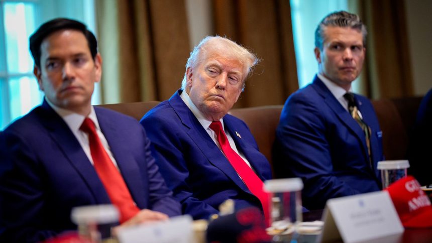 Secretary of State Marco Rubio, President Donald Trump and Secretary of Defense Pete Hegseth attend a Cabinet meeting at the White House on April 30, 2025, in Washington, DC.