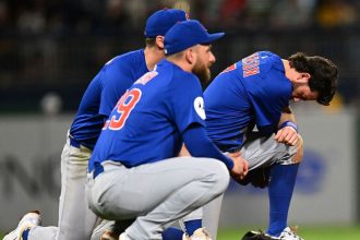 Dansby Swanson and Michael Busch of the Chicago Cubs look on after a fan fell from the stands during the seventh inning against the Pittsburgh Pirates at PNC Park.