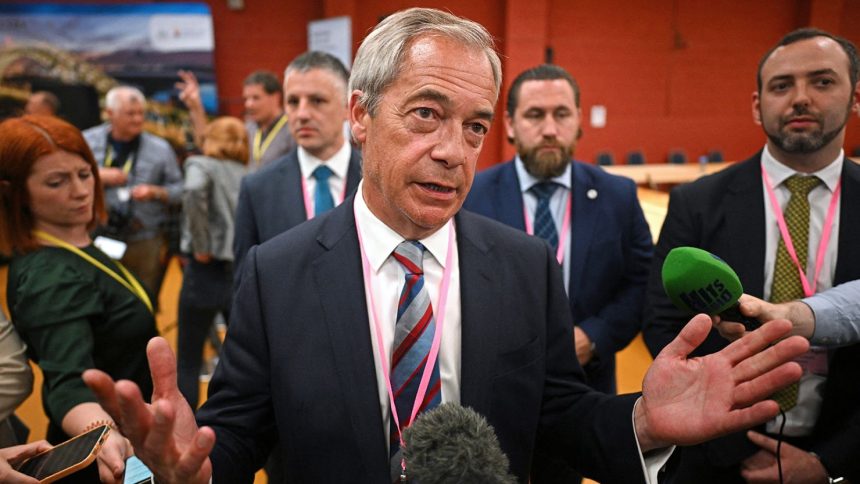 Reform UK leader Nigel Farage speaks with the press as he celebrates the victory of Sarah Pochin.