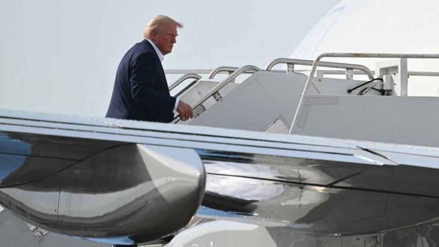 President Donald Trump boards Air Force One in West Palm Beach, Florida, on May 4, 2025.