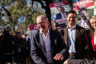 Australian Prime Minister Anthony Albanese arrives at a polling station in the suburb of Box Hill North in in Melbourne, Australia, on Saturday, May 3, 2025.
