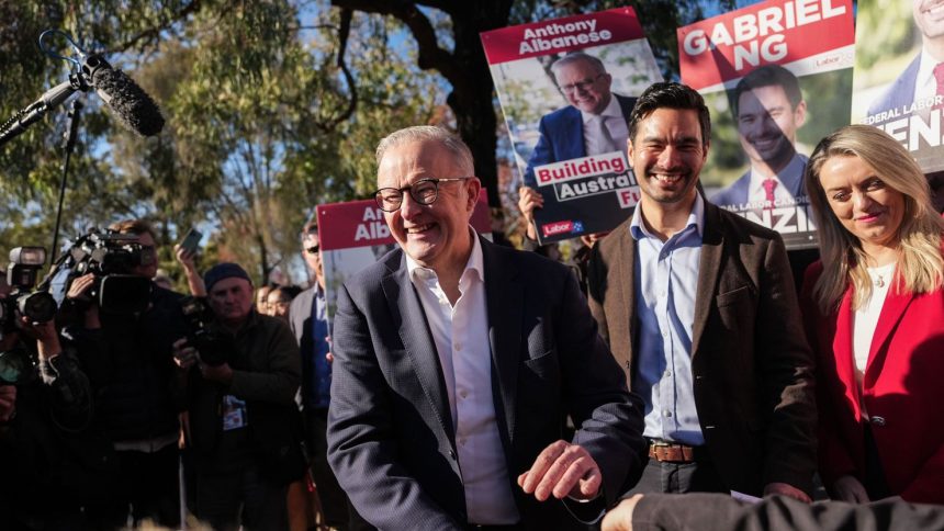 Australian Prime Minister Anthony Albanese arrives at a polling station in the suburb of Box Hill North in in Melbourne, Australia, on Saturday, May 3, 2025.