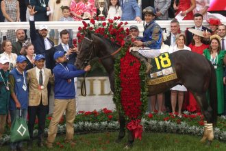 Sovereignty and jockey Junior Alvarado pose for pictures after winning the 151st running of the Kentucky Derby.