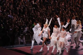 Lady Gaga performs during a show at Copacabana Beach in Rio de Janeiro, Brazil, on Saturday, May 3, 2025.