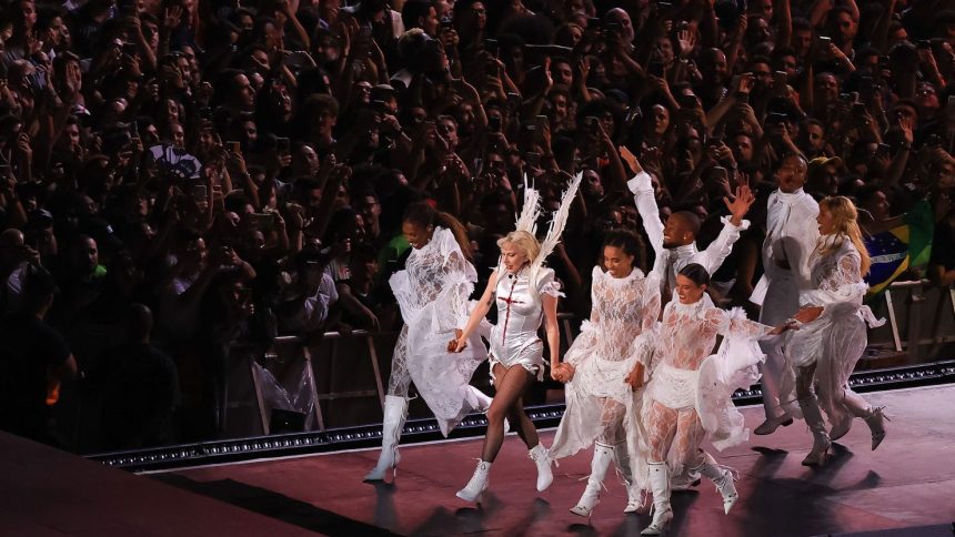 Lady Gaga performs during a show at Copacabana Beach in Rio de Janeiro, Brazil, on Saturday, May 3, 2025.