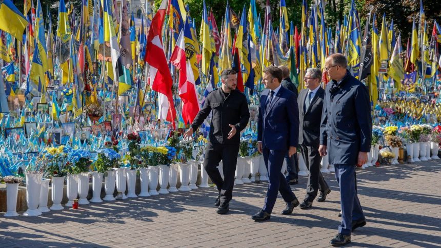 From left: Ukraine's President Volodymyr Zelensky, France's President Emmanuel Macron, Britain's Prime Minister Keir Starmer and Germany's Chancellor Friedrich Merz pay their respects to the victims of war at the Memorial for the Fallen at the Independence Square (Maidan) in Kyiv on May 10, 2025, ahead of a gathering of European leaders in the Ukranian capital.