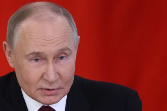 Russian President Vladimir Putin speaks during a Russian-Vietnamese meeting at the Grand Kremlin Palace on May 10, 2025, in Moscow, Russia.