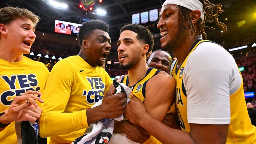 Tyrese Haliburton (center) hit a game-winning three-pointer to lift the Indiana Pacers over the Cleveland Cavaliers in Game 2 of the Eastern Conference semifinals.