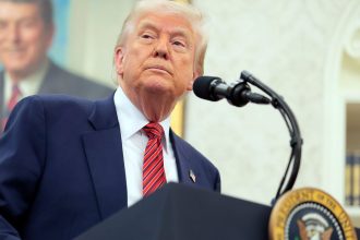 President Donald Trump speaks during a swearing-in ceremony for new US Ambassador to China David Perdue in the Oval Office at the White House on May 7, 2025 in Washington, DC.