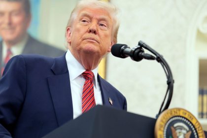 President Donald Trump speaks during a swearing-in ceremony for new US Ambassador to China David Perdue in the Oval Office at the White House on May 7, 2025 in Washington, DC.