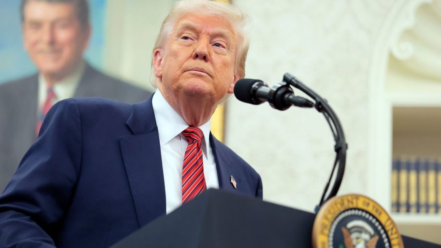 President Donald Trump speaks during a swearing-in ceremony for new US Ambassador to China David Perdue in the Oval Office at the White House on May 7, 2025 in Washington, DC.