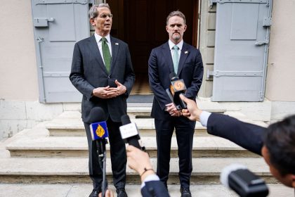 US Treasury Secretary Scott Bessent (L) and US Trade Representative Jamieson Greer speak to the media in Geneva.
