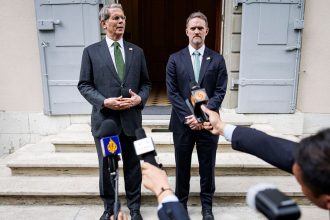 US Treasury Secretary Scott Bessent (L) and US Trade Representative Jamieson Greer speak to the media after trade ntalks concluded between senior US and Chinese officials on May 11, 2025.