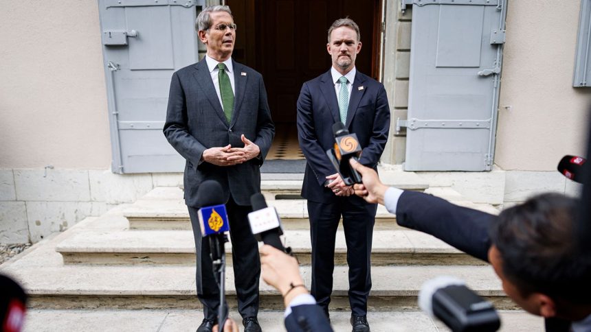 US Treasury Secretary Scott Bessent (L) and US Trade Representative Jamieson Greer speak to the media after trade ntalks concluded between senior US and Chinese officials on May 11, 2025.