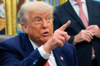 President Donald Trump address reporters in the Oval Office at the White House on May 8, 2025, in Washington, DC.