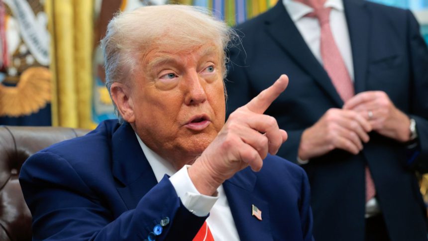 President Donald Trump address reporters in the Oval Office at the White House on May 8, 2025, in Washington, DC.