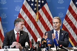 US Treasury Secretary Scott Bessent (R) and US Trade Representative Jamieson Greer hold a news conference in Geneve on May 12, 2025, to give details of "substantial progress" following a two-day closed-door meeting between US and China top officials aimed at ending a devastating tariff war. (Photo by Fabrice COFFRINI / AFP) (Photo by FABRICE COFFRINI/AFP via Getty Images)