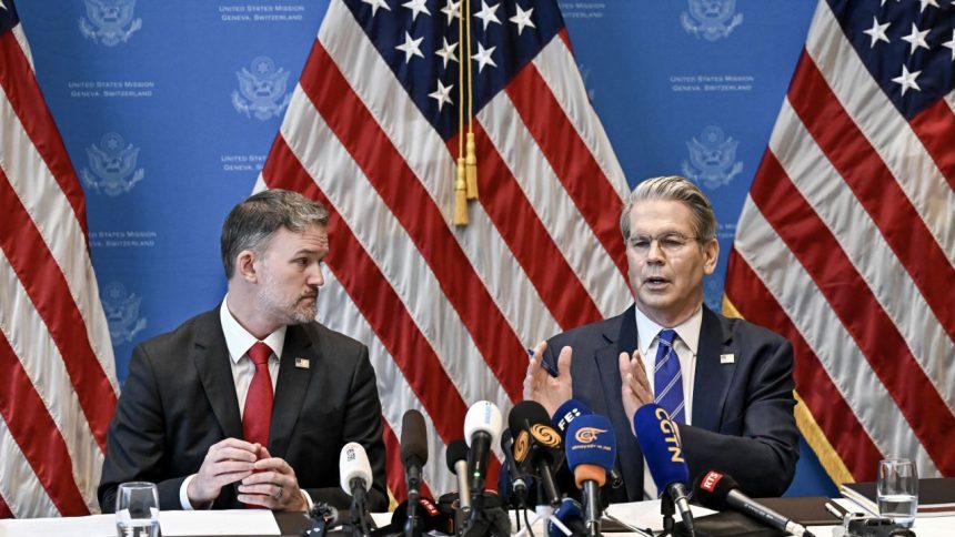 US Treasury Secretary Scott Bessent (R) and US Trade Representative Jamieson Greer hold a news conference in Geneve on May 12, 2025, to give details of "substantial progress" following a two-day closed-door meeting between US and China top officials aimed at ending a devastating tariff war. (Photo by Fabrice COFFRINI / AFP) (Photo by FABRICE COFFRINI/AFP via Getty Images)