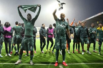 Tottenham Hotspur celebrates progression to the Europa League final on Thursday.