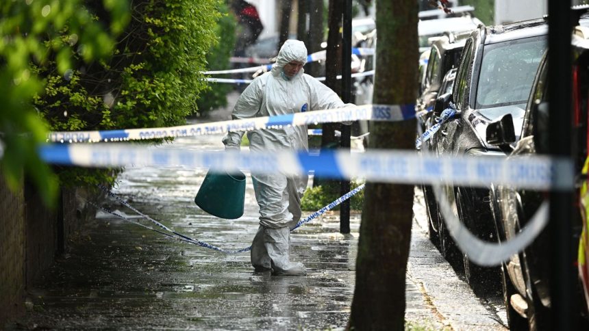 Police forensics officers near the home of UK Prime Minister Keir Starmer on May 12, 2025 in London, England.