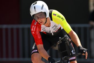 Dion Smith racing during the Giro d'Italia 2025 in Tirana, Albania.