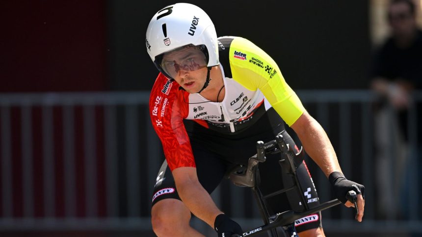 Dion Smith racing during the Giro d'Italia 2025 in Tirana, Albania.
