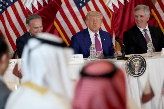 US President Donald Trump meets with business leaders at the Ritz Carlton Hotel on May 15, 2025, in Doha, Qatar.