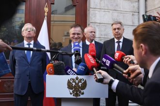 Kremlin aide Vladimir Medinsky speaks to reporters on May 15, 2025 in Istanbul, Turkey.