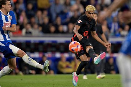 Lamine Yamal scores Barcelona's first goal against Espanyol on Thursday.