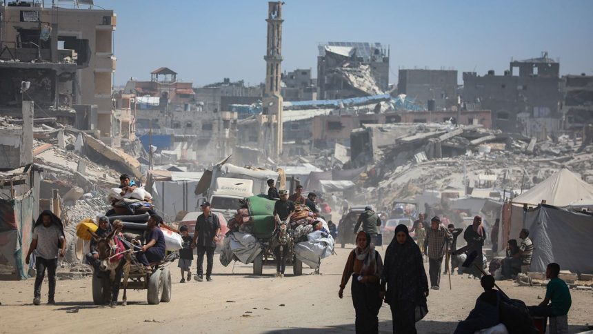 Palestinians in the Gaza Strip flee with their possessions following intensified Israeli military attacks on May 16, 2025.