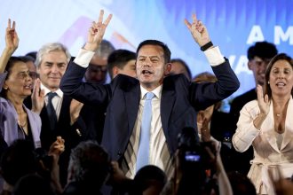 Portuguese Prime Minister Luis Montenegro celebrates his victory during election night in Lisbon on May 19, 2025.