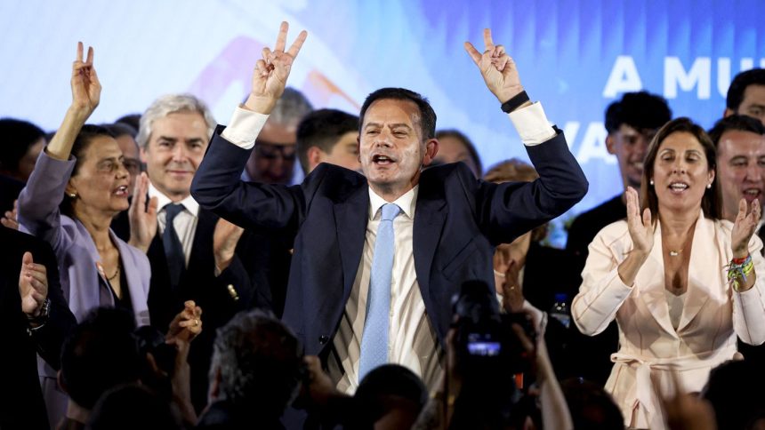 Portuguese Prime Minister Luis Montenegro celebrates his victory during election night in Lisbon on May 19, 2025.