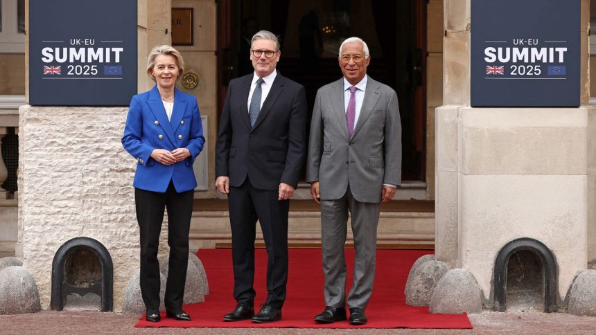 European Commission President Ursula von der Leyen (left), British Prime Minister Keir Starmer (center) and European Council President Antonio Costa (right) pictured at the UK-EU Summit in London on May 19, 2025.