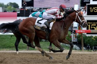 Jockey Umberto Rispoli crosses the finish line on Journalism #2 to win the 150th Preakness Stakes at Pimlico Race Course in Baltimore, Maryland.