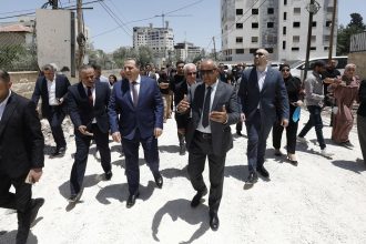 Members of a diplomatic delegation from the European Union during a visit to the city of Jenin in the occupied West Bank on May 21, 2025.