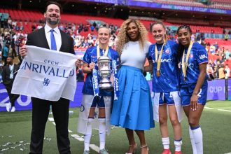 Alexis Ohanian, Aggie Beever-Jones, Serena Williams, Wieke Kaptein and Ashley Lawrence of Chelsea celebrate with the FA Cup during The Adobe Women's FA Cup Final match between Chelsea and Manchester United at Wembley Stadium on May 18, 2025 in London, England.