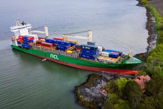 This aerial view shows the 443-foot NCL Salten grounded in the Trondheim Fjord, Norway on Thursday, May 22.