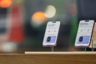 The iPhone 16 and iPhone 16 Plus smartphones at an Apple store in New York on May 23, 2025.