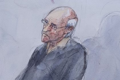 This court sketch shows defendant French retired surgeon Joel Le Scouarnec during his trial on May 23, 2025, on charges of rape and sexual assault of 299 former patients.