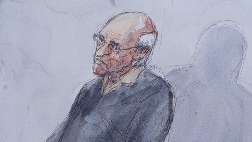 This court sketch shows defendant French retired surgeon Joel Le Scouarnec during his trial on May 23, 2025, on charges of rape and sexual assault of 299 former patients.